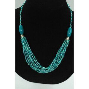 Turquoise Teal Multi Strand Seed Bead Tassel Necklace With Accent Stones